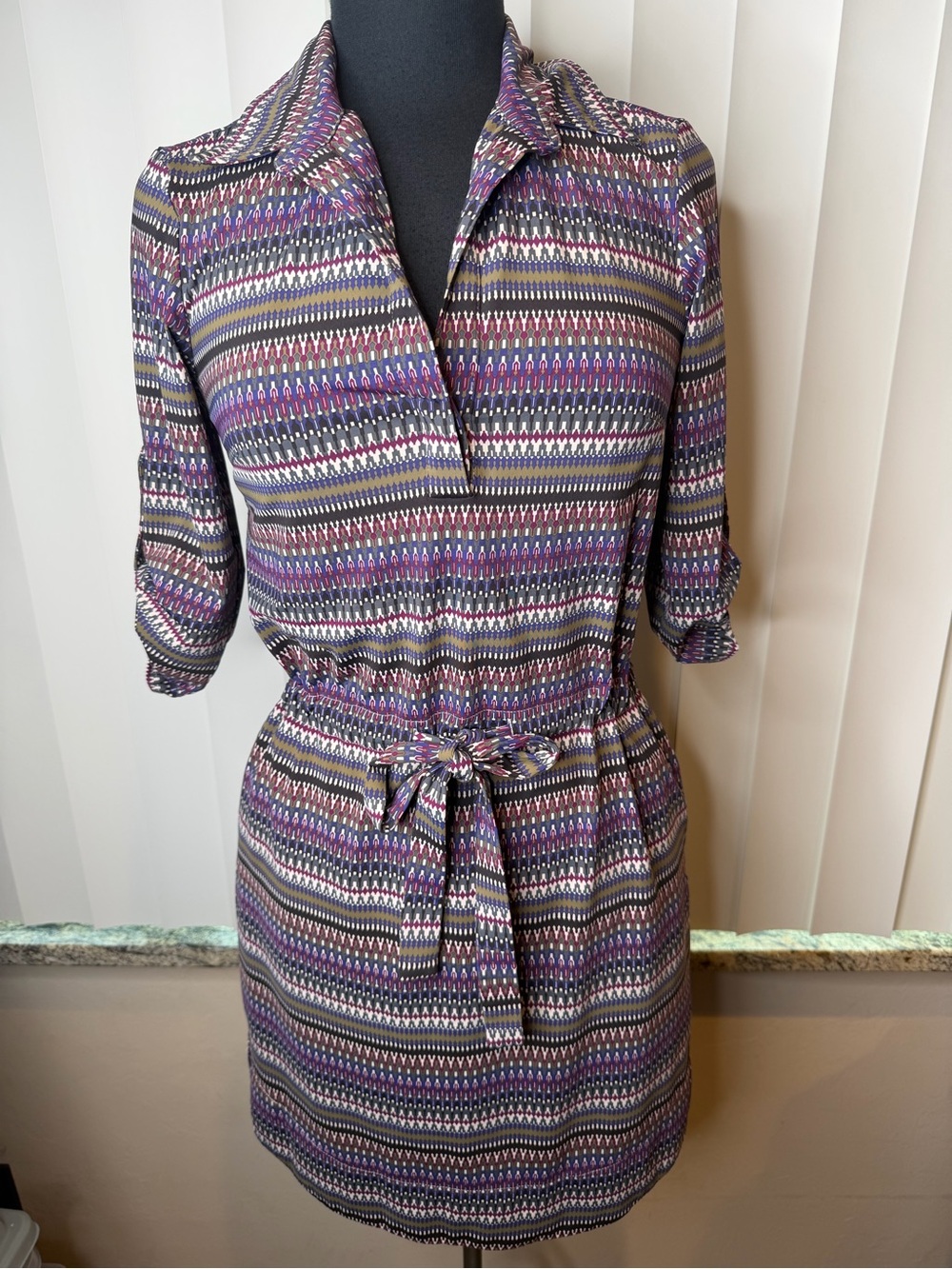 Ellie Kai Women's Purple Patterned Shirt Dress with Tie Waist Size 0
